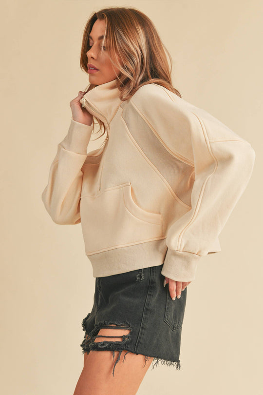 AEMI + CO - Dove Funnel Neck Half Zip Pullover Bone