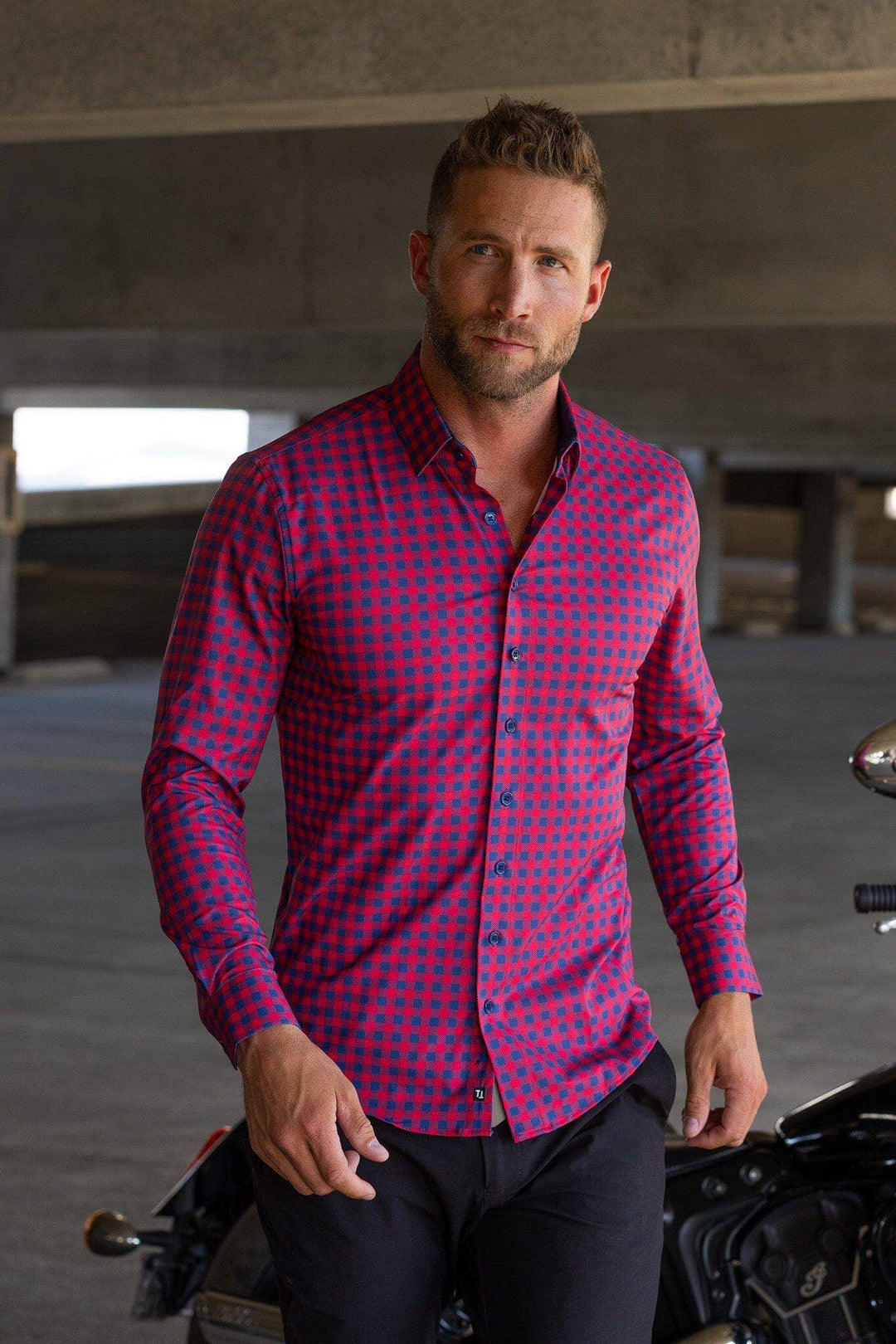 Tough Apparel - Hustle Sport Shirt - Long Sleeve - Red Navy Gingham