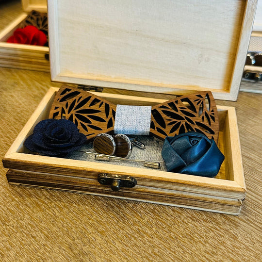 Wooden Bow Tie Pocket Square Set with Cufflinks and Two Lapels - Blue