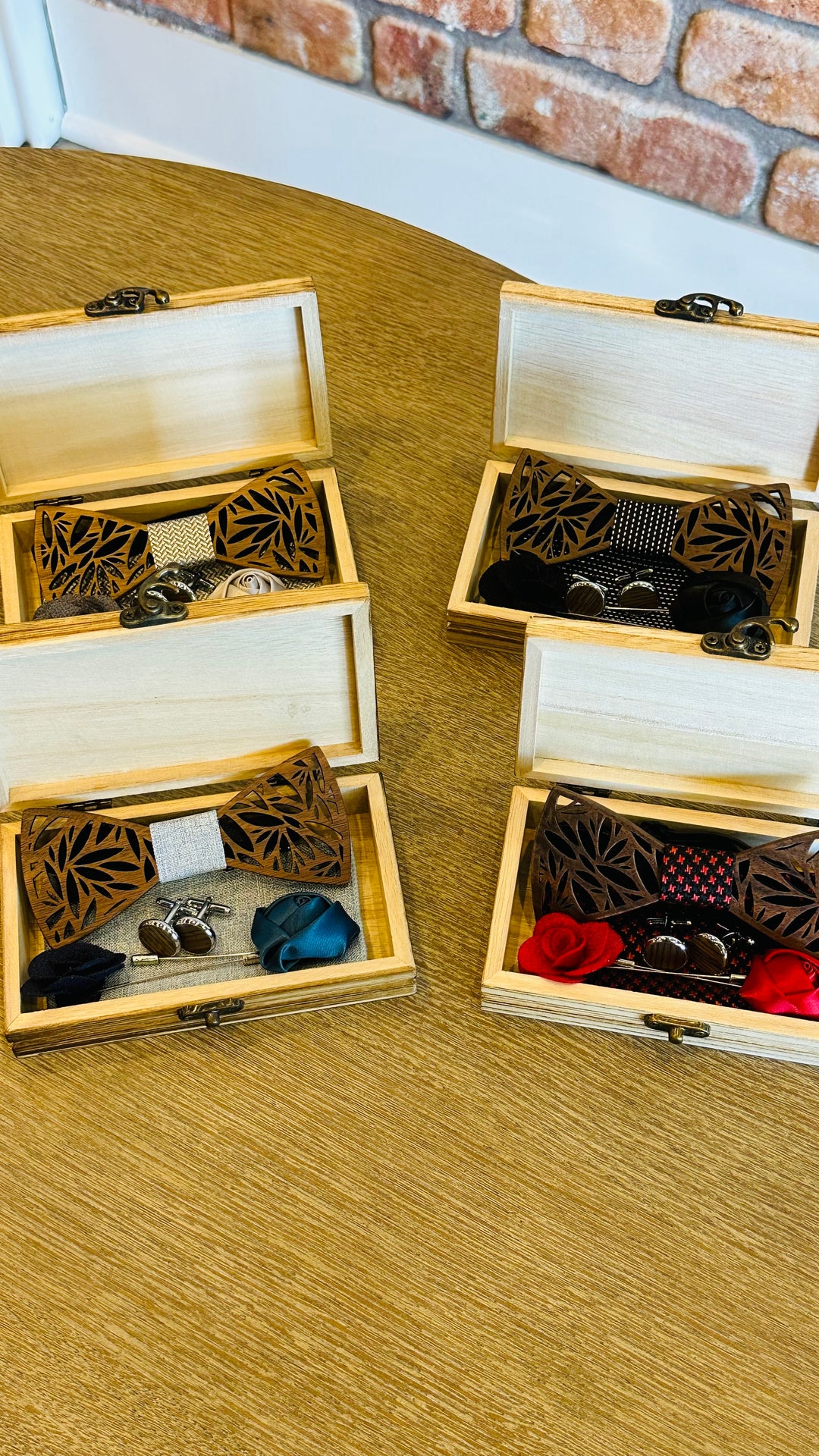 Wooden Bow Tie Pocket Square Set with Cufflinks and Two Lapels - Blue