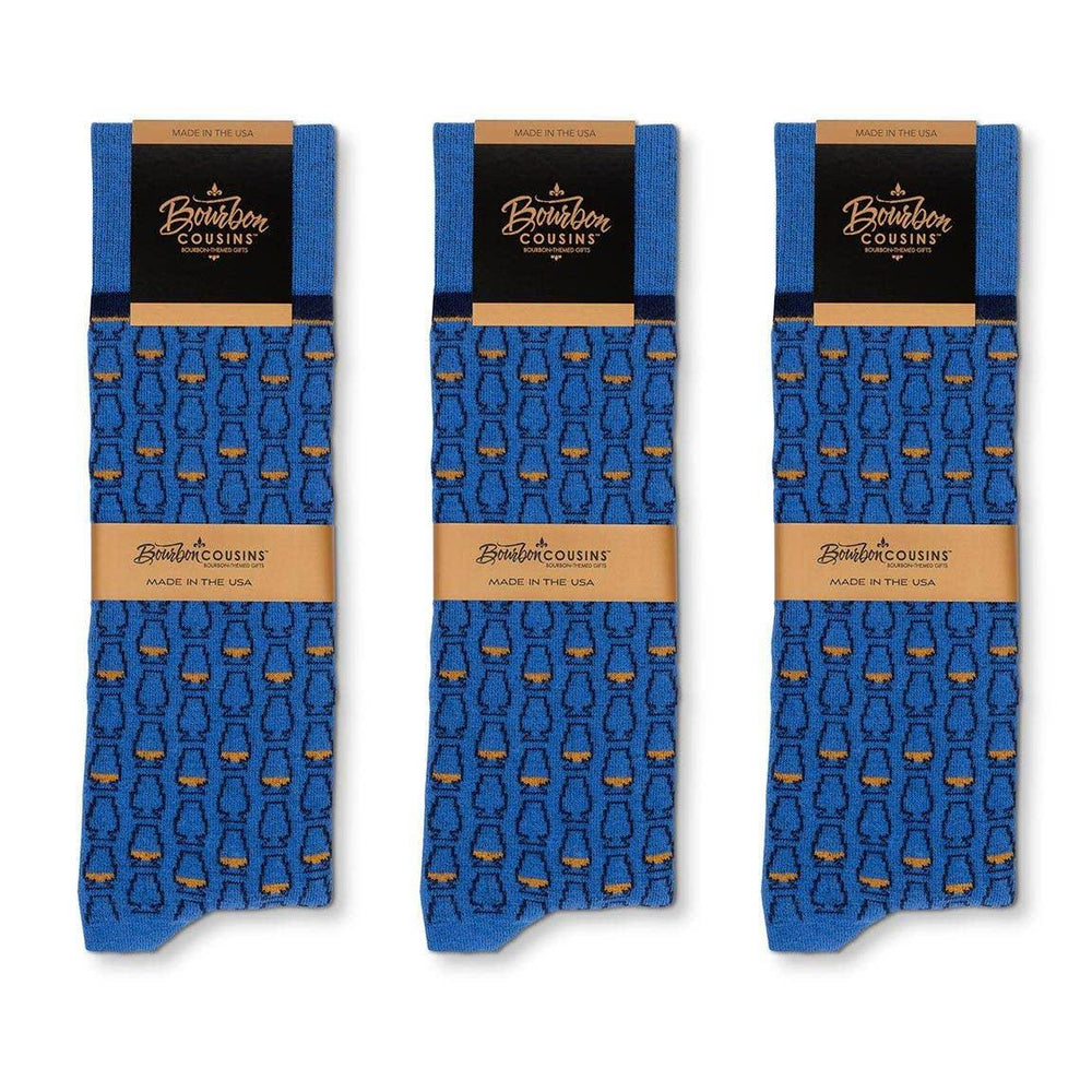 Bourbon Cousins - Glencairn Whiskey Glasses Socks - Sky Blue + Navy - Rust & Refined