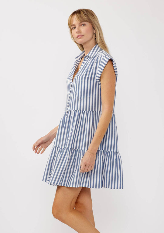 Striped Collared Button-Down Tiered Dress