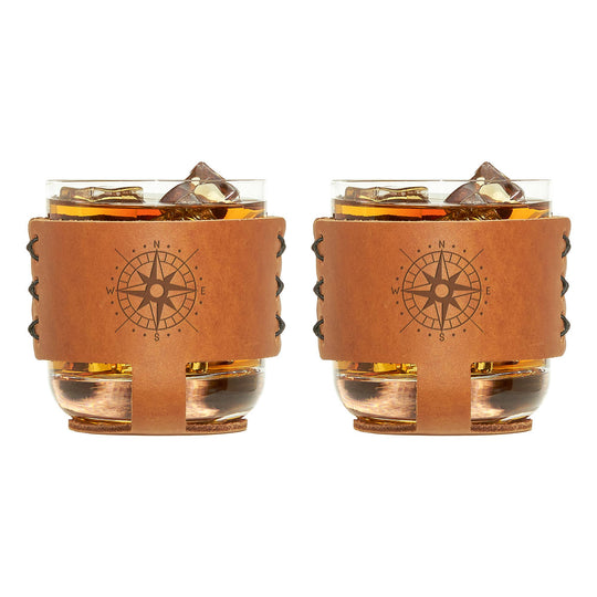 Compass Leather 9oz Rocks Sleeve and Glass Set of 2 Compass