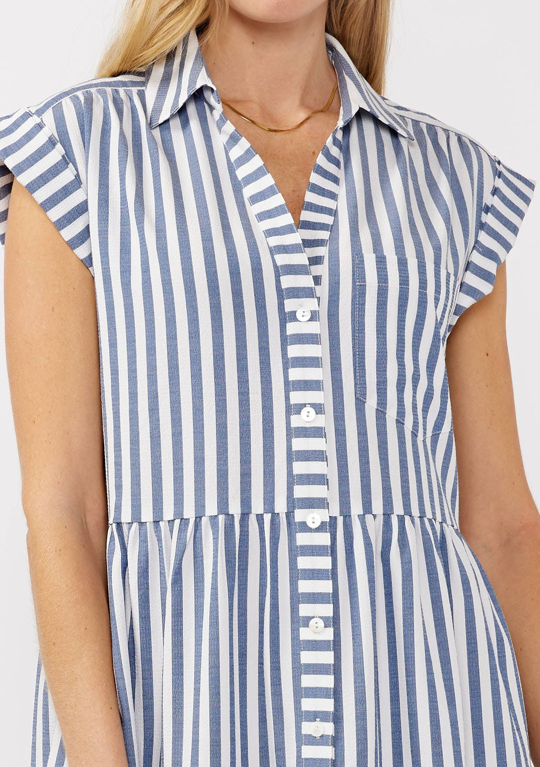 Striped Collared Button-Down Tiered Dress