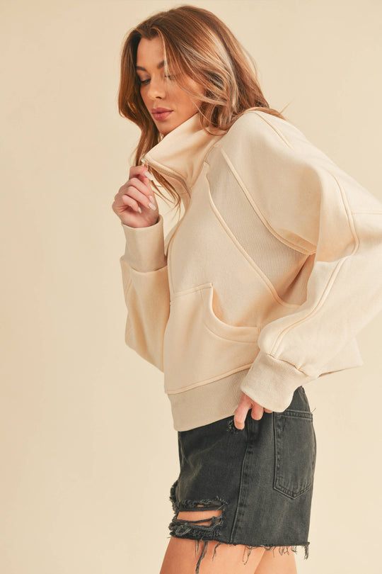 AEMI + CO - Dove Funnel Neck Half Zip Pullover Bone