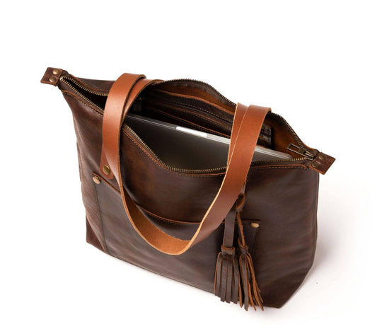 Leather Tote Bag with Zipper - Coffee Brown - Rust & Refined