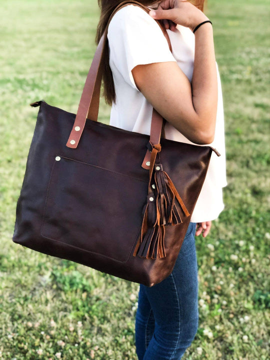 Leather Tote Bag with Zipper - Coffee Brown - Rust & Refined