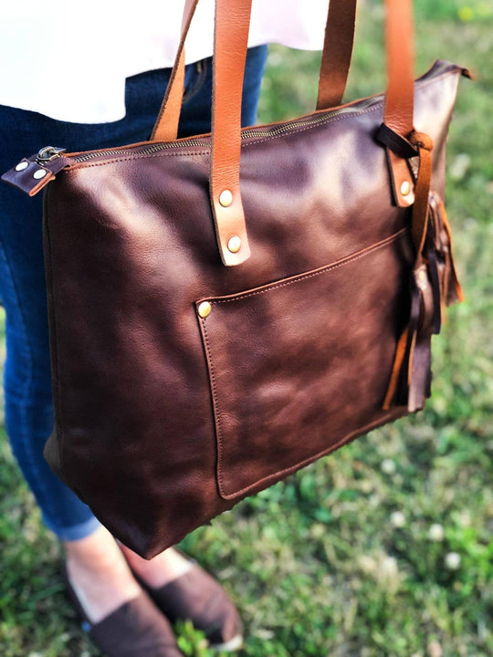 Leather Tote Bag with Zipper - Coffee Brown - Rust & Refined