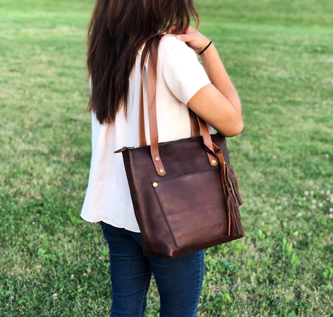 Leather Tote Bag with Zipper - Coffee Brown - Rust & Refined