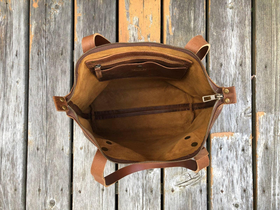 Leather Tote Bag with Zipper - Coffee Brown - Rust & Refined