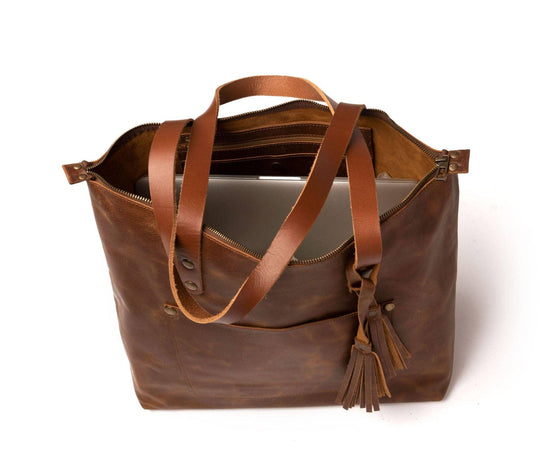 Leather Tote Bag with Zipper - Hazelnut Brown - Rust & Refined