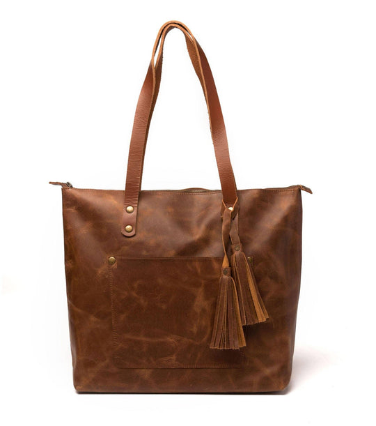 Leather Tote Bag with Zipper - Hazelnut Brown - Rust & Refined