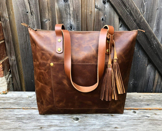 Leather Tote Bag with Zipper - Hazelnut Brown - Rust & Refined