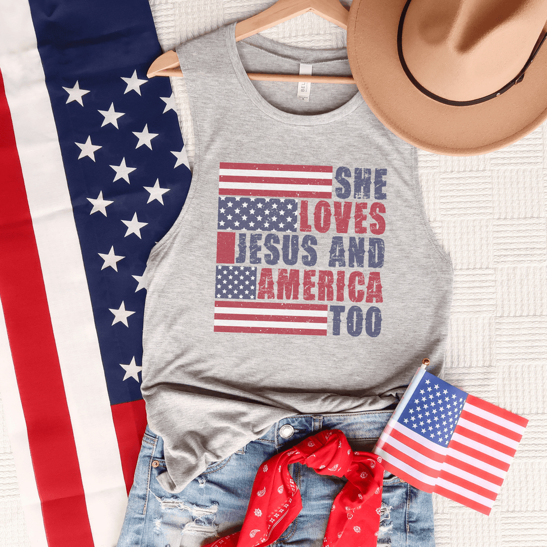 She Loves Jesus and America Too Patriotic BC Muscle Tank Top - Rust & Refined