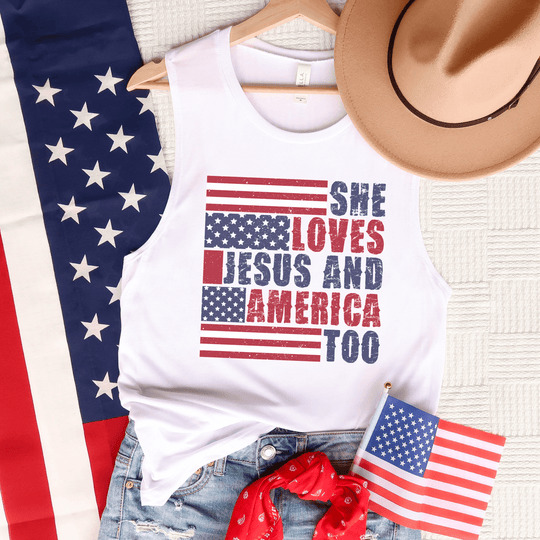 She Loves Jesus and America Too Patriotic BC Muscle Tank Top - Rust & Refined