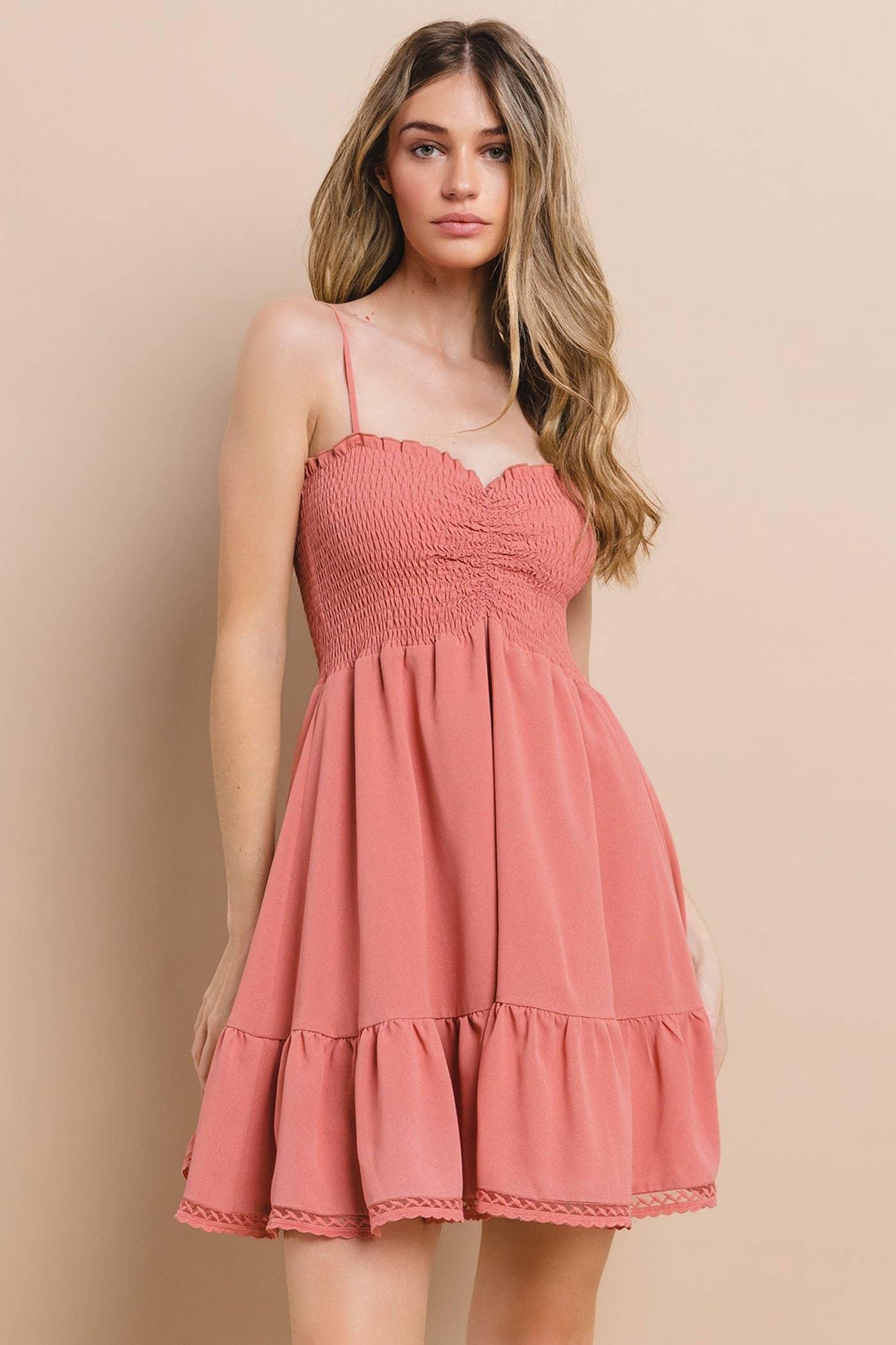 Smocked Babydoll Mini Dress with Lace Trim - Flowy A-Line Sundress - Rust & Refined