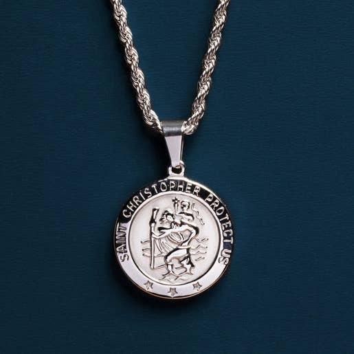 St. Christopher Men's Waterproof Necklace with Stainless Steel Rope Chain - Rust & Refined